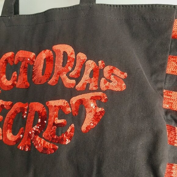 VICTORIA SECRET Canvas Red Sequin Lips Weekender Travel Shopper Tote Bag Black - Picture 6 of 13